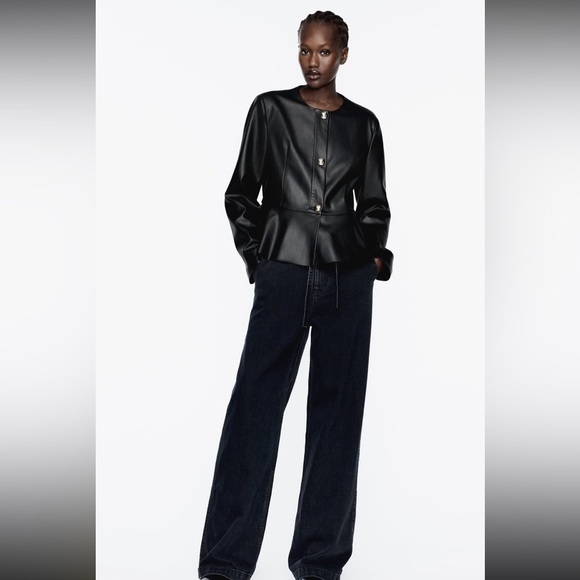 NEW ZARA Faux Vegan Leather Peplum Blazer Long Sleeve Jacket - Picture 6 of 9